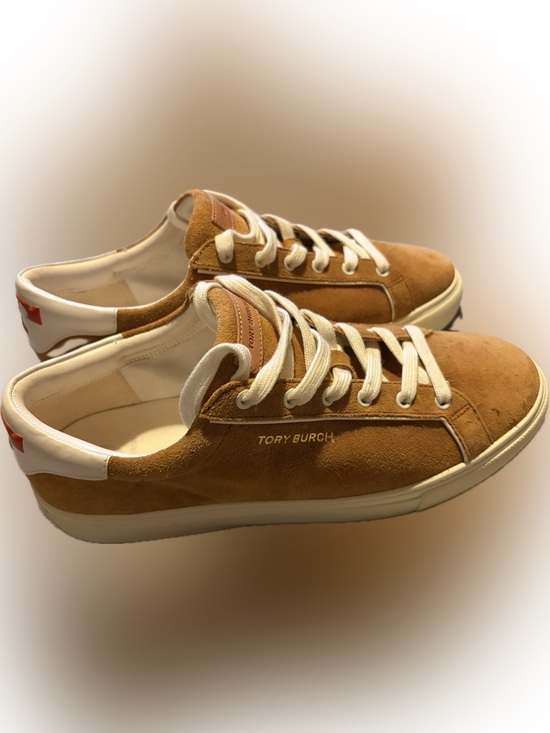 Tory Burch Shoes - Tory Burch Camel Suede Low-Top Sneakers with Cream Accents